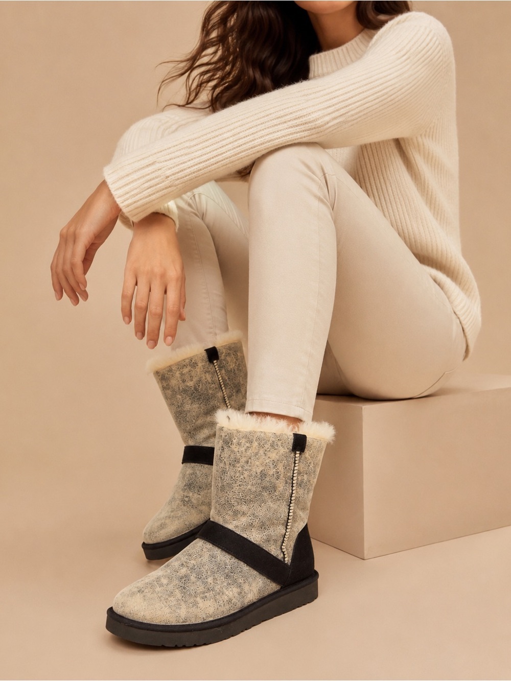 UGG Two-Tone Shearling Short Boots in Cream and Black